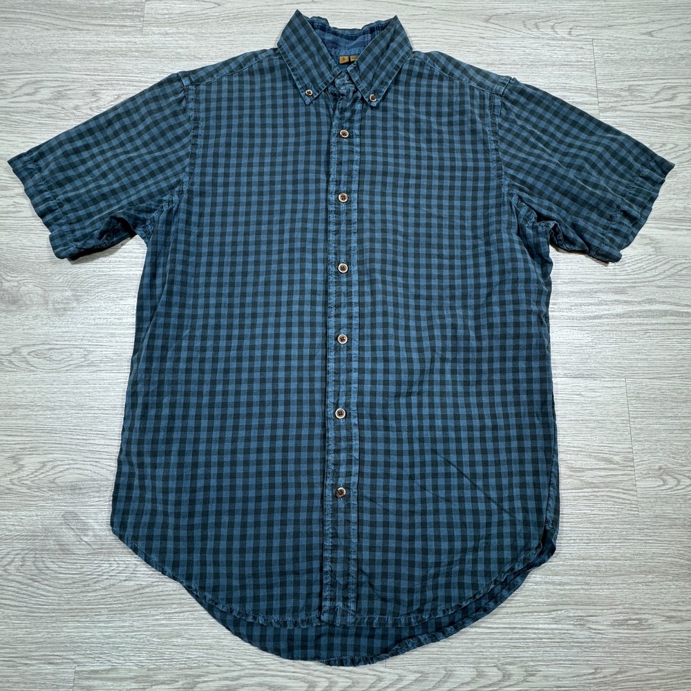 Tailor Vintage Mens Button Down Gingham Shirt Blue Black Small Cotton
